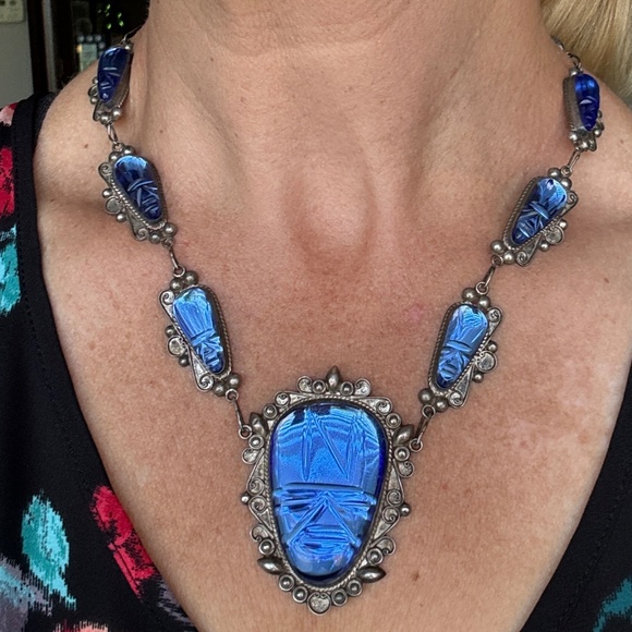 RARE (Entire Full Set) 1960s Taxco Sterling Silver and Blue Glass Jewelry Marked - Picture 9 of 15